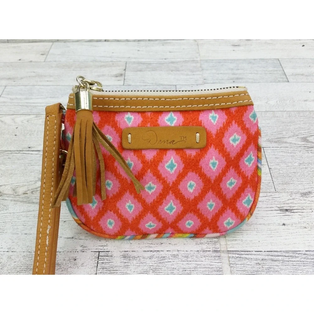 Dena Canvas Chevron Striped Aztec‎ Pink Orange Teal Tassel Pouch Bag Wristlet